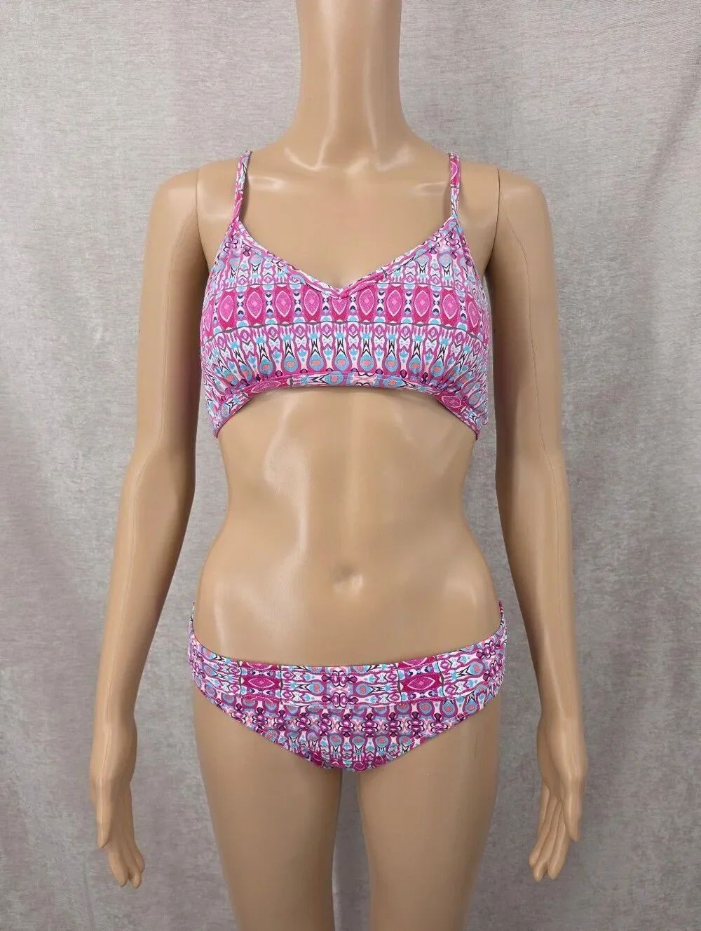 Title Nine Pink Patterned V-Neck Bikini Top and Bottoms Set Women's Swimsuit